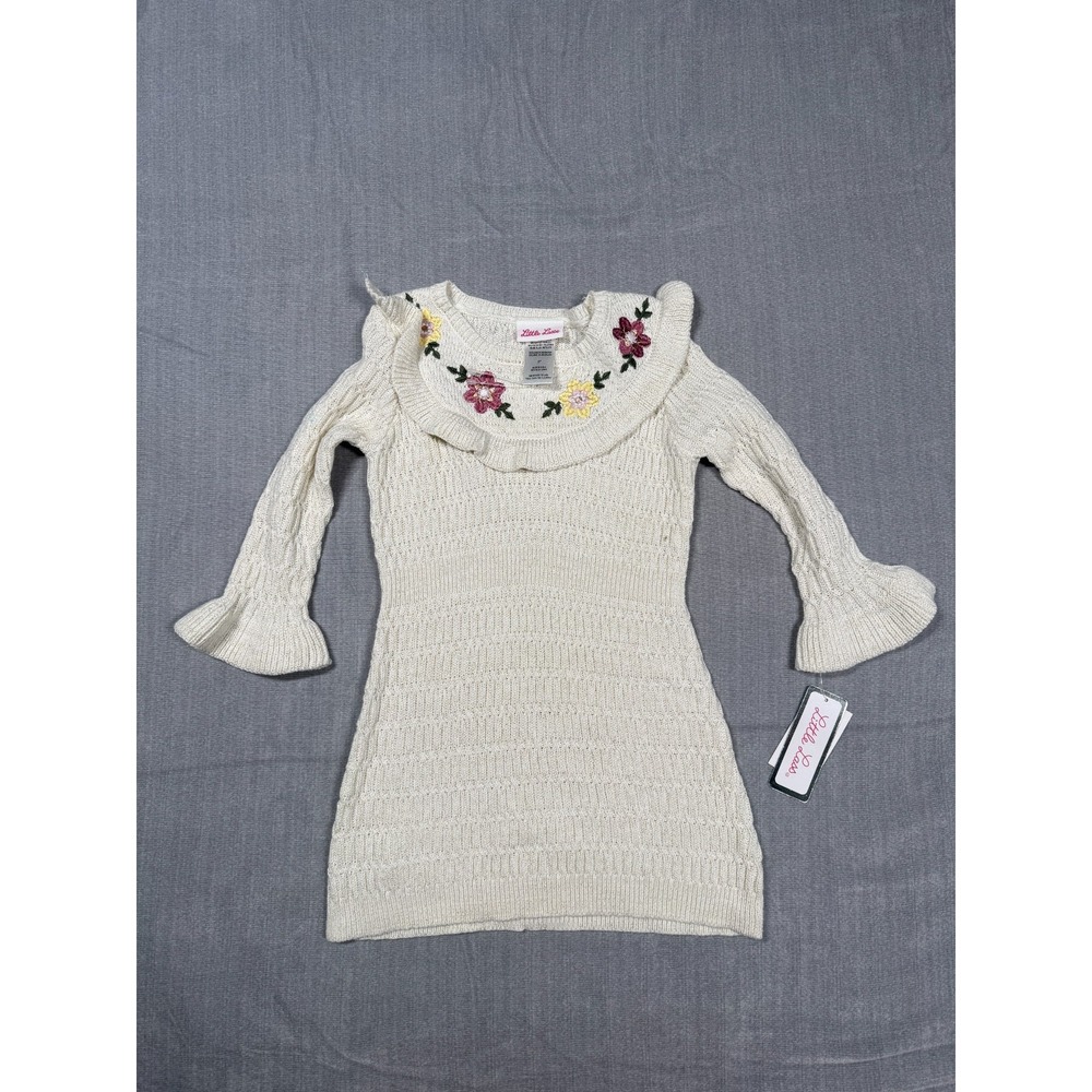 Little Lass Girls 2T Ivory Cotton Knitted Embroidered Sweater Dress WGTD013X